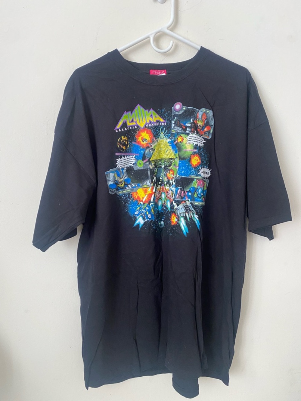 Vintage Mishka  Galactic Guardian Black Graphic Sci‑Fi Tee with Neon Space Print